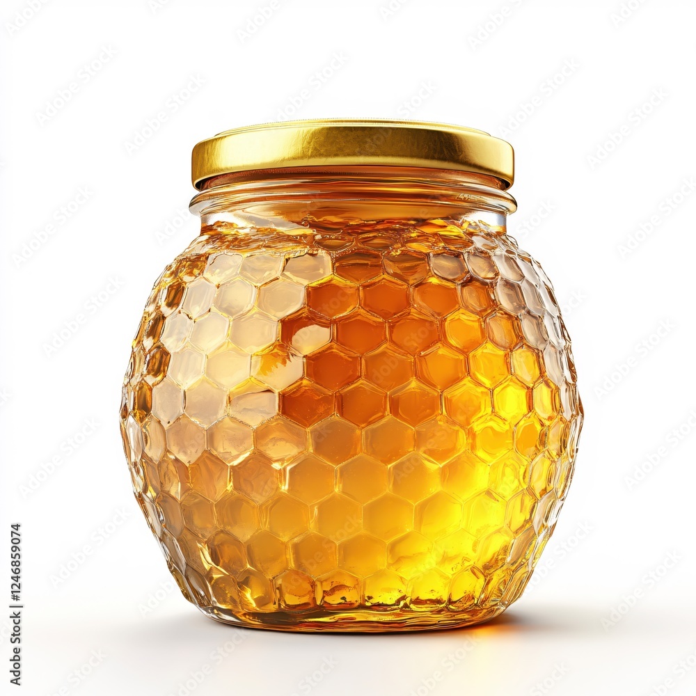 Poster golden honey in a glass jar with hexagonal pattern and a shiny lid on white background