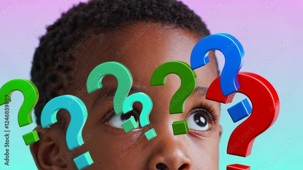 Poster Young child's pensive face surrounded by vibrant question marks, representing curiosity, learning, and searching for knowledge during cognitive development and understanding