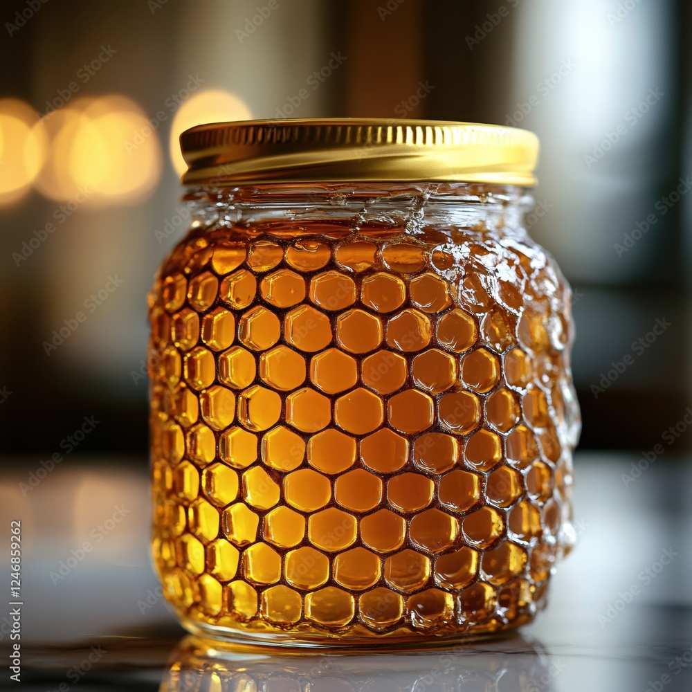 Aufkleber golden honey in glass jar with honeycomb pattern and warm bokeh background creating a sweet mood