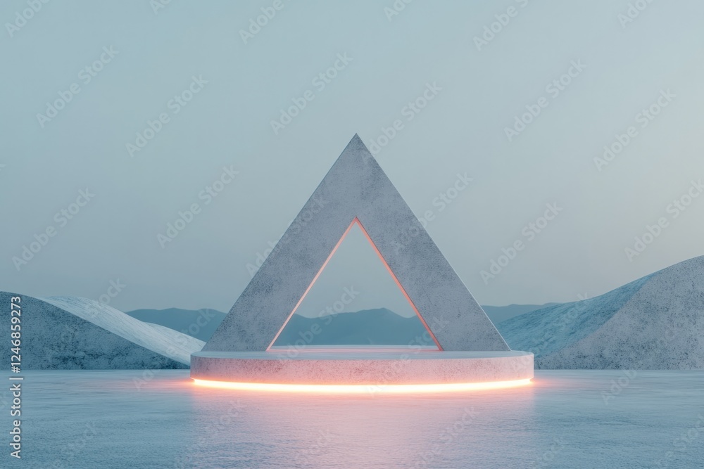 Poster single triangle meeting smooth glowing curve representing tension and balance in minimalistic design