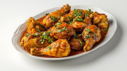 Spicy curried chicken drumsticks. Plate of succulent spice-infused curried chicken drumsticks garnished with fresh cilantro and served with rich, flavorful sauce on plate isolated on white background