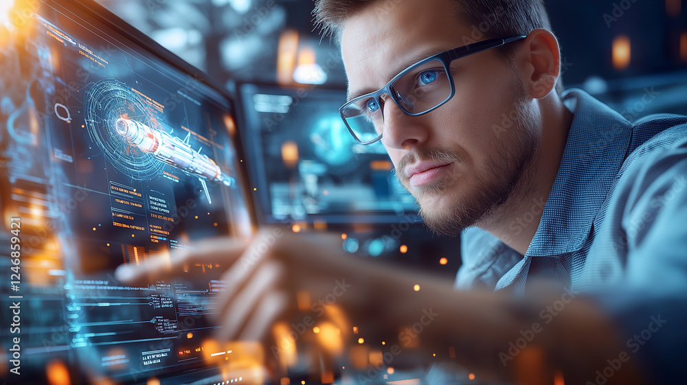 Poster male engineer wearing glasses is focused futuristic display, analyzing data related to space rocket.