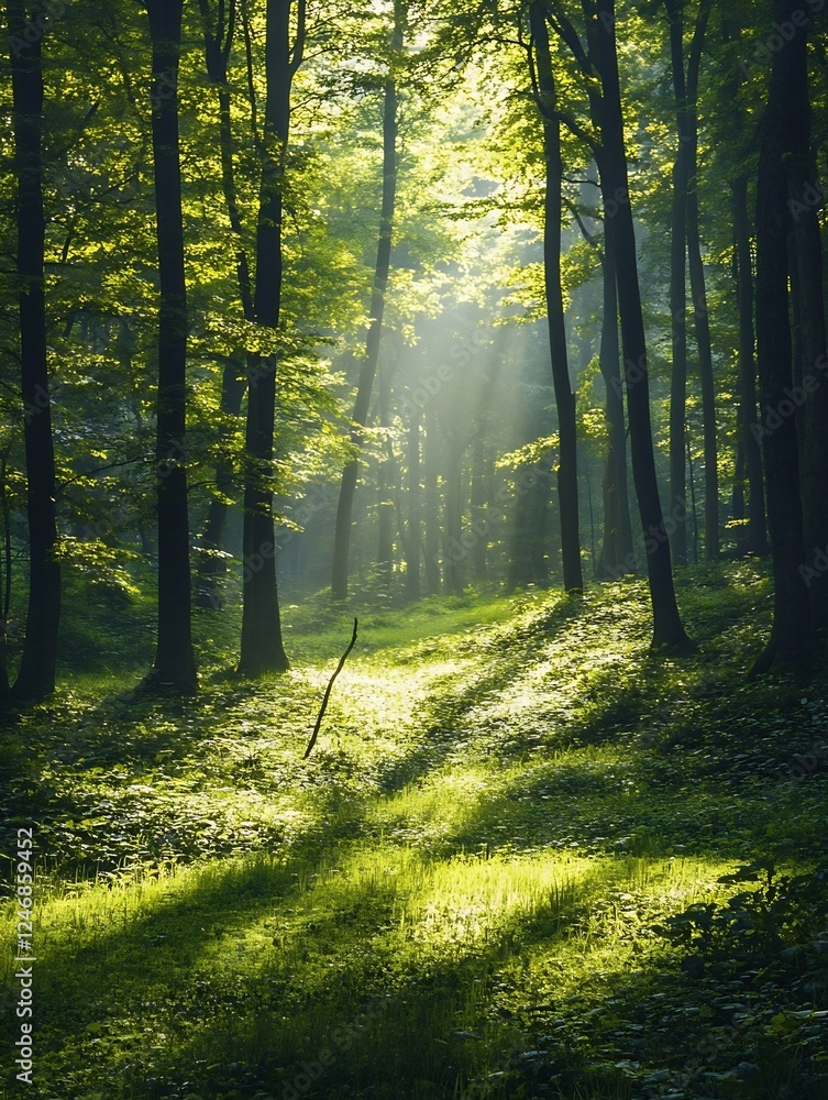 Poster sunlit forest with lush greenery and tall trees in tranquil woodland scene : generative ai