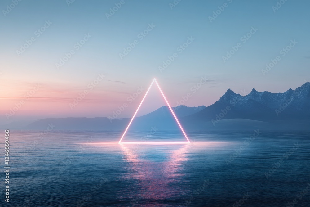 Poster single triangle meeting smooth glowing curve representing tension and balance in minimalistic design