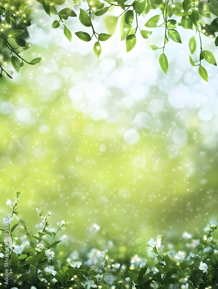 Poster green foliage border with soft light and blooming flowers in abstract nature background : generative
