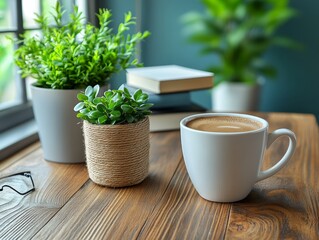 Cozy Home Office Workspace with Coffee and Plants