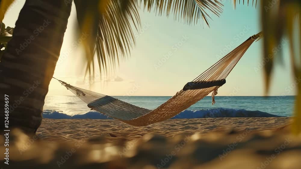 Poster gentle waves lapping the shore as an empty hammock swings peacefully beneath a palm tree on a serene
