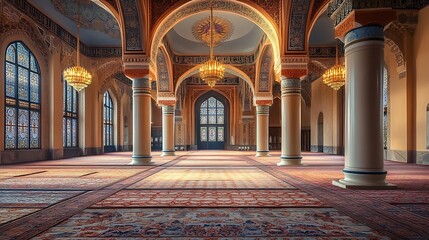 Obraz premium Elegant Mosque Interior with Grand Arches and Intricate Chandeliers : Generative AI
