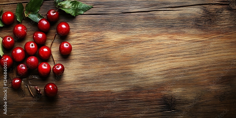 Poster fresh red cranberries on rustic wooden table with leaves for harvest : generative ai