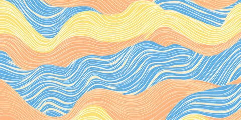 Fototapeta premium A non-seamless background featuring organic, wavy lines in chambray blue, peach fuzz, and sunshine yellow, creating a sense of fluidity and calm.