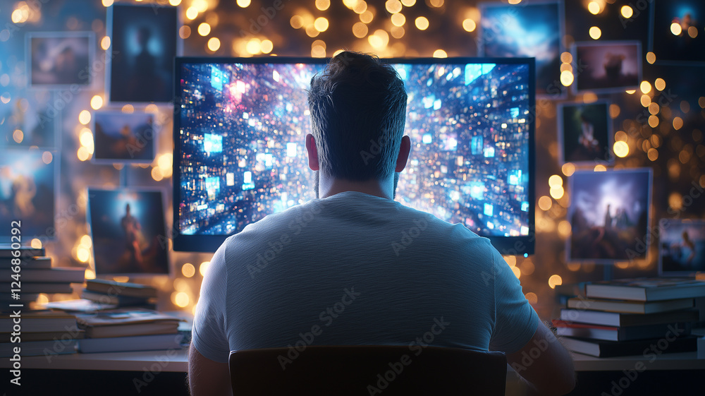 Poster man sits in front of large monitor, immersed in digital world filled with vibrant visuals. surrounde
