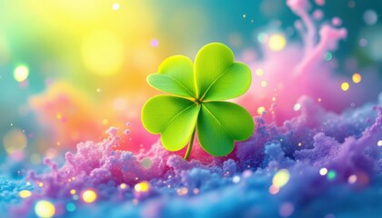 Vibrant four-leaf clover on colorful abstract background