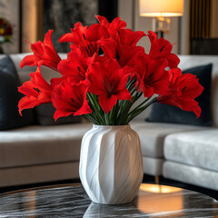 vibrant bouquet of red lilies in white ceramic vase adds elegance to modern living room with cozy ambiance. soft lighting enhances room sophisticated decor
