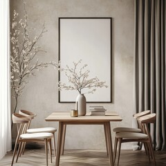 A white framed picture hangs on a wall