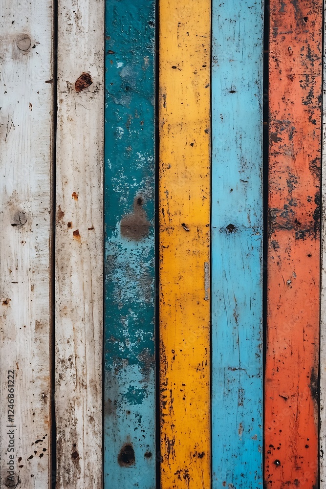 Poster colorful weathered wooden panels displaying rustic texture with vibrant paint : generative ai