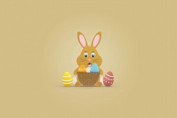 Obraz premium A cheerful cartoon bunny holds a basket filled with colorful Easter eggs against a soft, light background.