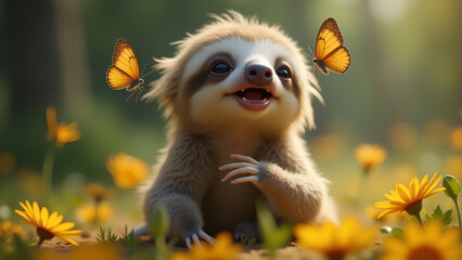 Joyful Sloth Surrounded by Butterflies in a Flower Field