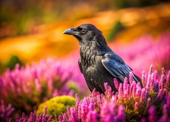Fototapeta premium Majestic Raven Perched in Heather Meadow - Wildlife Stock Photo