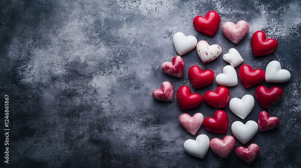 Poster assorted red and white heart shaped candies on gray background : generative ai