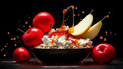 A vibrant bowl of popcorn topped with caramel, apples, and pears against a dark backdrop