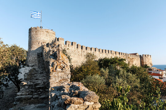 Kavala city Greece, 12.8.24 Panoramic view of from the Byzantine fortress or castle, near Panagia church, sunset colors