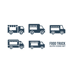 Street food truck icons set template. Vector trade van illustration. Mobile cafe car logo background. Festival shop transport to cook and sell meals.