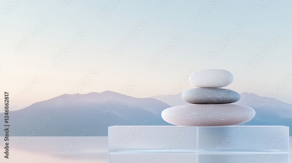 Poster surreal abstract rendering of smooth decorative stones layered within translucent geometric shapes s