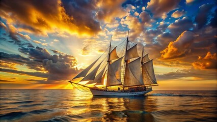 Obraz premium Majestic Schooner Sailing on Calm Ocean Waters at Sunset - Architectural Photography