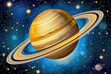 Naklejka premium A vibrant illustration of Saturn, showcasing its iconic rings against a backdrop of stars and cosmic elements.