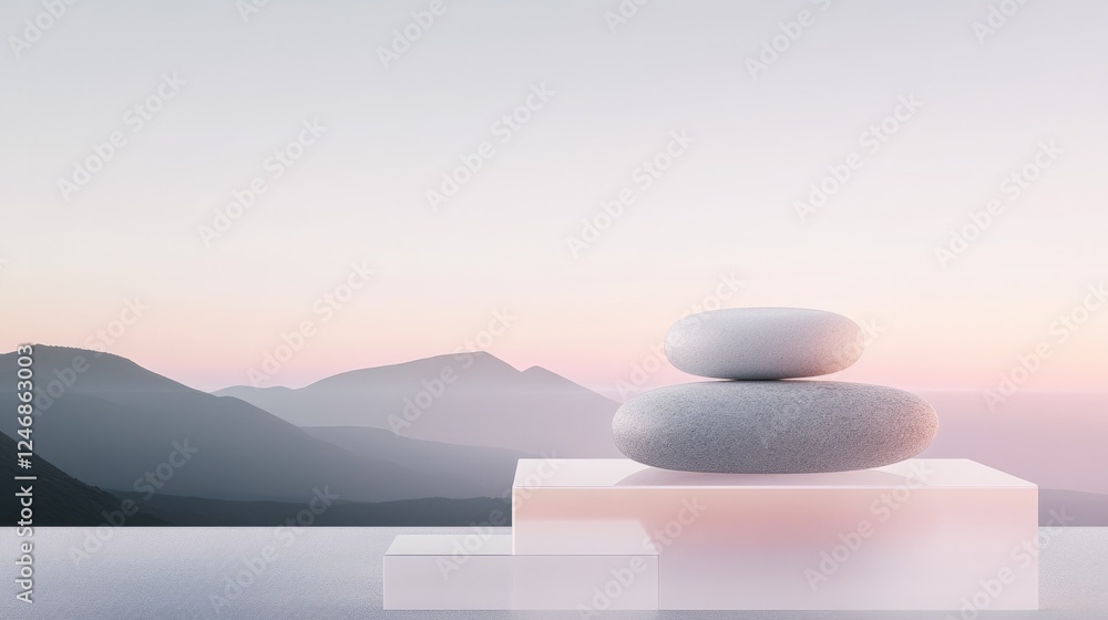 Poster surreal abstract rendering of smooth decorative stones layered within translucent geometric shapes s