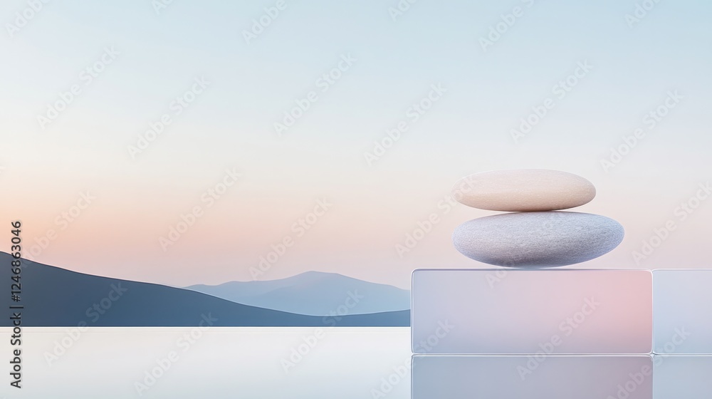 Poster surreal abstract rendering of smooth decorative stones layered within translucent geometric shapes softly lit with