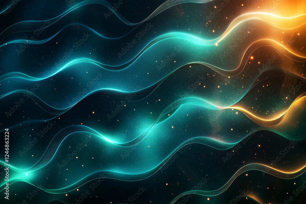 Poster glowing waves in blue and green create mesmerizing abstract background, evoking sense of depth and t