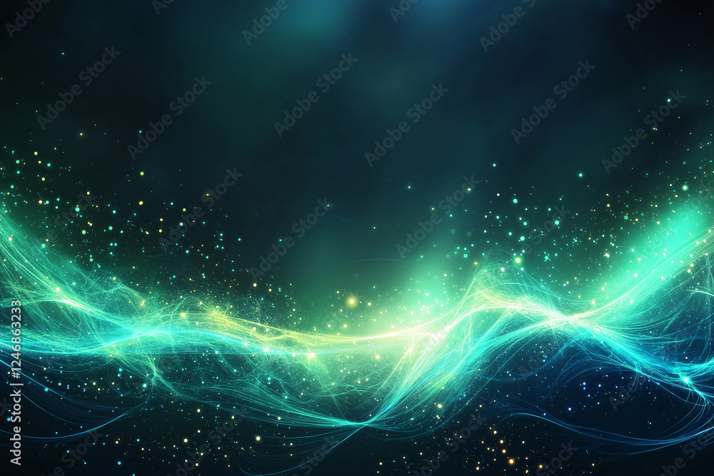 Poster glowing blue and green waves create abstract background filled with shimmering particles, evoking se