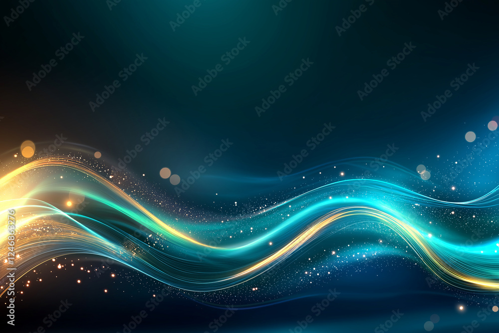 Poster glowing blue and green waves create mesmerizing abstract background with sparkling lights, evoking s