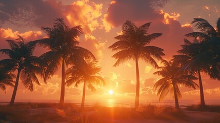 sunset at the beach, close up of a beach with palms