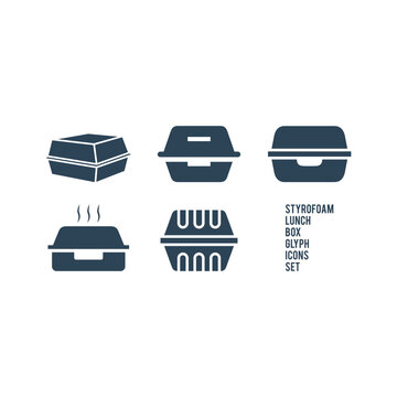 Foam meal box icons set. Styrofoam lunch box vector illustration.