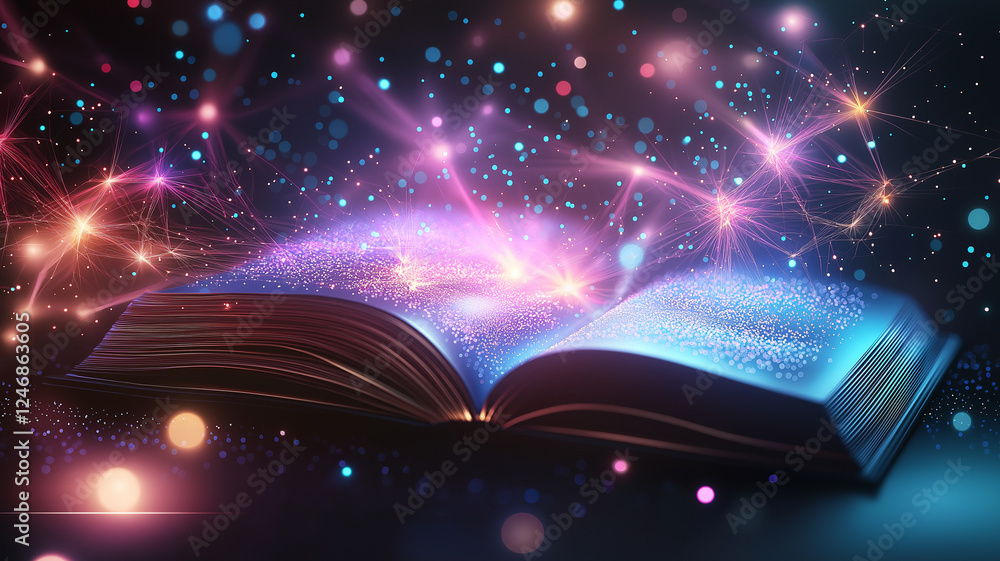 Poster magical open book surrounded by colorful light particles and glowing effects, creating enchanting at