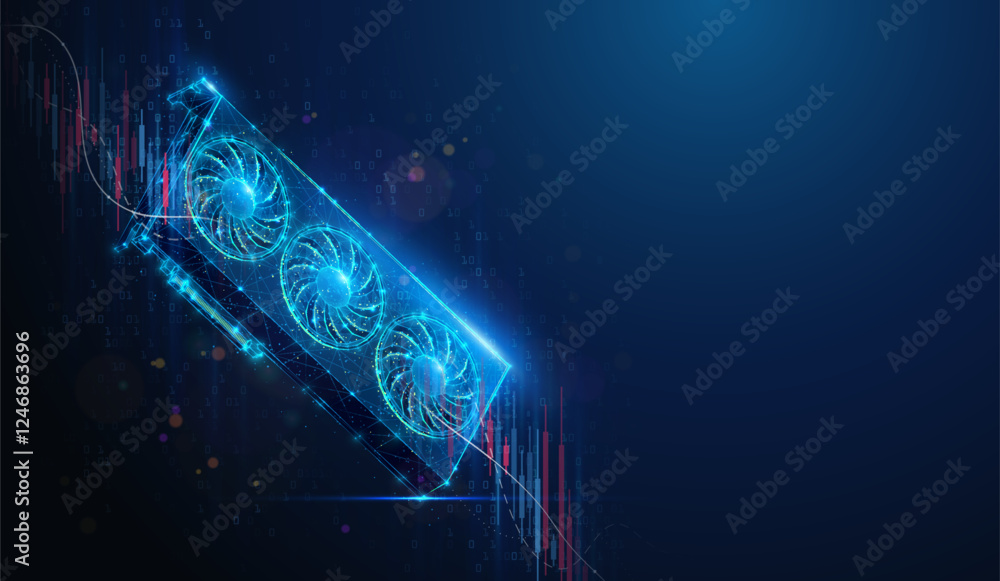 Poster lowpoly gpu graphics card stock market crash chart. abstract geometric illustration on artificial in