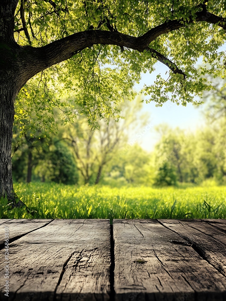 Poster peaceful park view with greenery and wooden platform under tree shade : generative ai