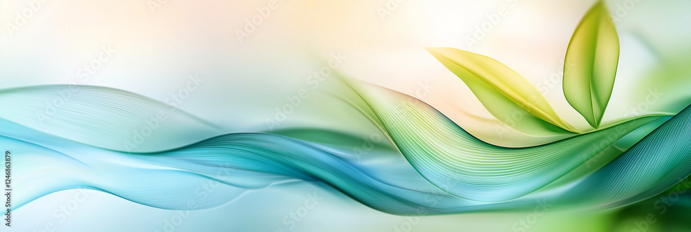Poster flowing abstract background with green and blue waves, evoking sense of calm and tranquility. gentle