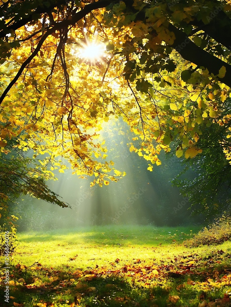 Poster sunlit autumn forest scene with sun rays streaming through colorful leaves : generative ai