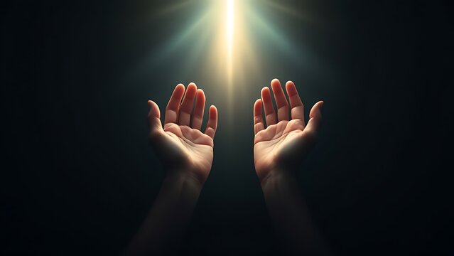 Hand prayer god faith holy worship on hope religion background of believe religious grace black white concept or love spiritual and spirit trust blessed light.