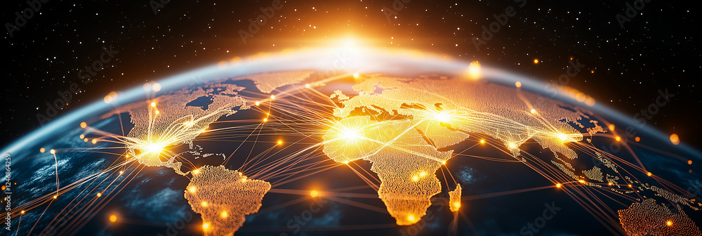 Poster stunning view of earth showcasing glowing connections across continents, symbolizing global networki