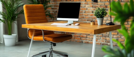 Fototapeta premium Computer on a desk with a plant in the background for home or office workspace decoration