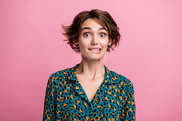 Photo of nervous guilty confused girl with bob hairstyle dressed stylish shirt staring biting lips...