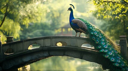 Peacock perched on garden bridge, serene pond