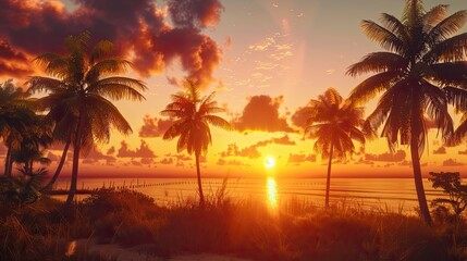 sunset at the beach, close up of a beach with palms