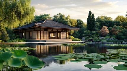 Obraz premium Serene Japanese Garden with Traditional Pavilion and Lush Greenery Reflecting on Tranquil Pond : Generative AI