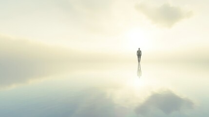 A solitary figure in a surreal tranquil landscape.