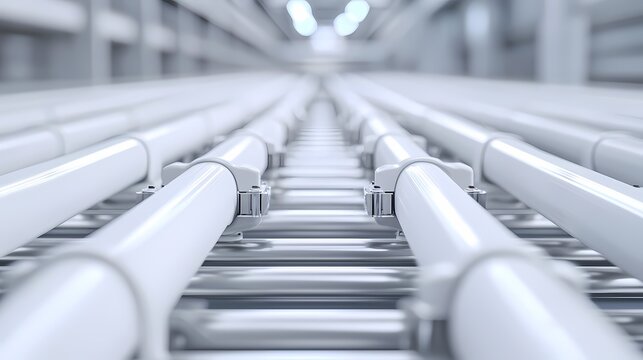 A close-up view of white pipes arranged in a parallel configuration, suggesting a clean, industrial environment.